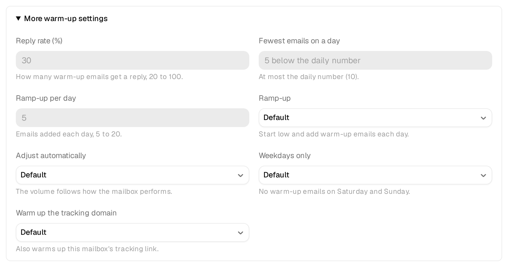More warm-up settings with Reply rate, Fewest emails on a day, Ramp-up per day, Ramp-up, Adjust automatically, Weekdays only and Warm up the tracking domain
