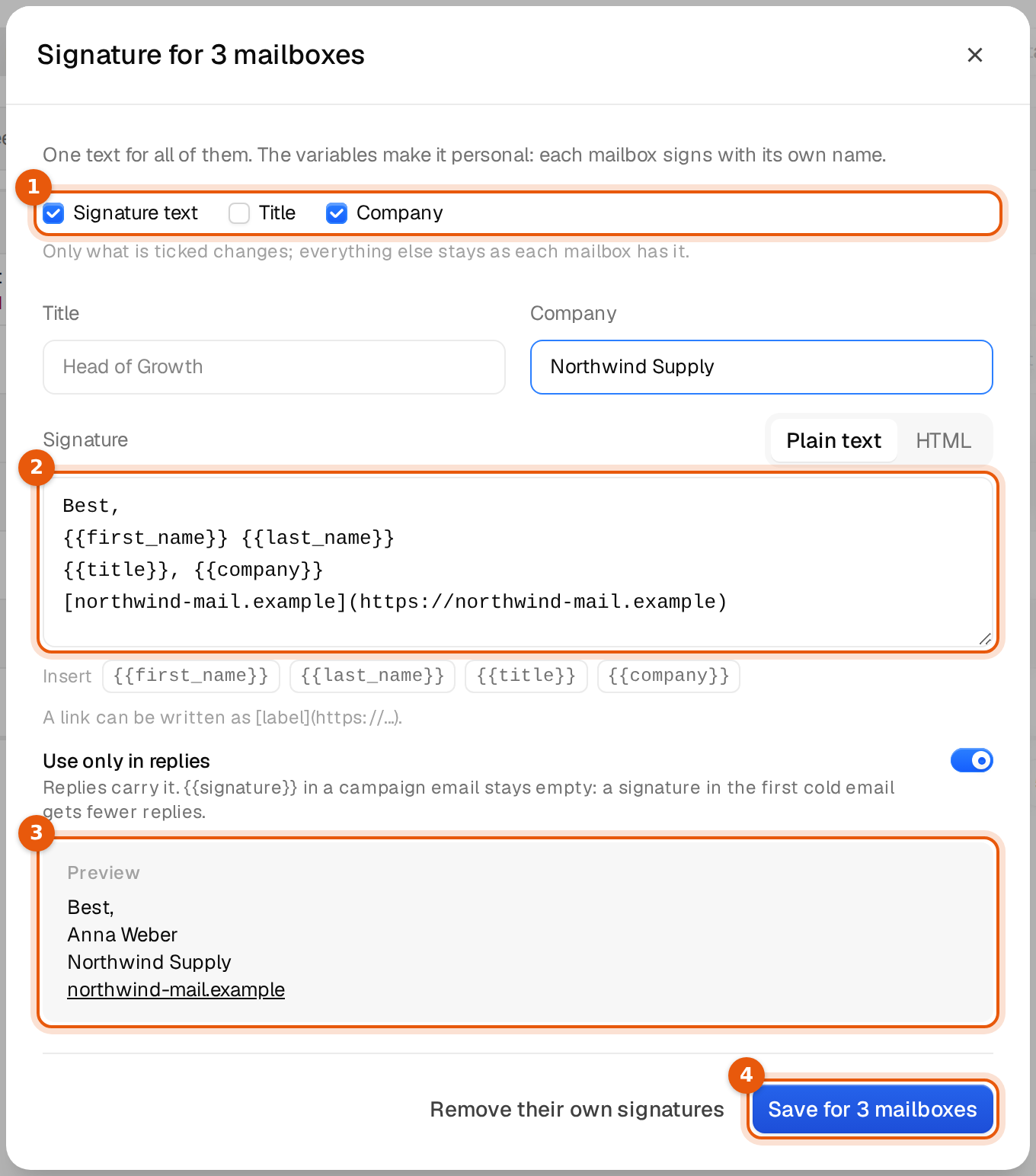 The window Signature for 3 mailboxes with the boxes Signature text, Title and Company, the text, the preview and Save for 3 mailboxes