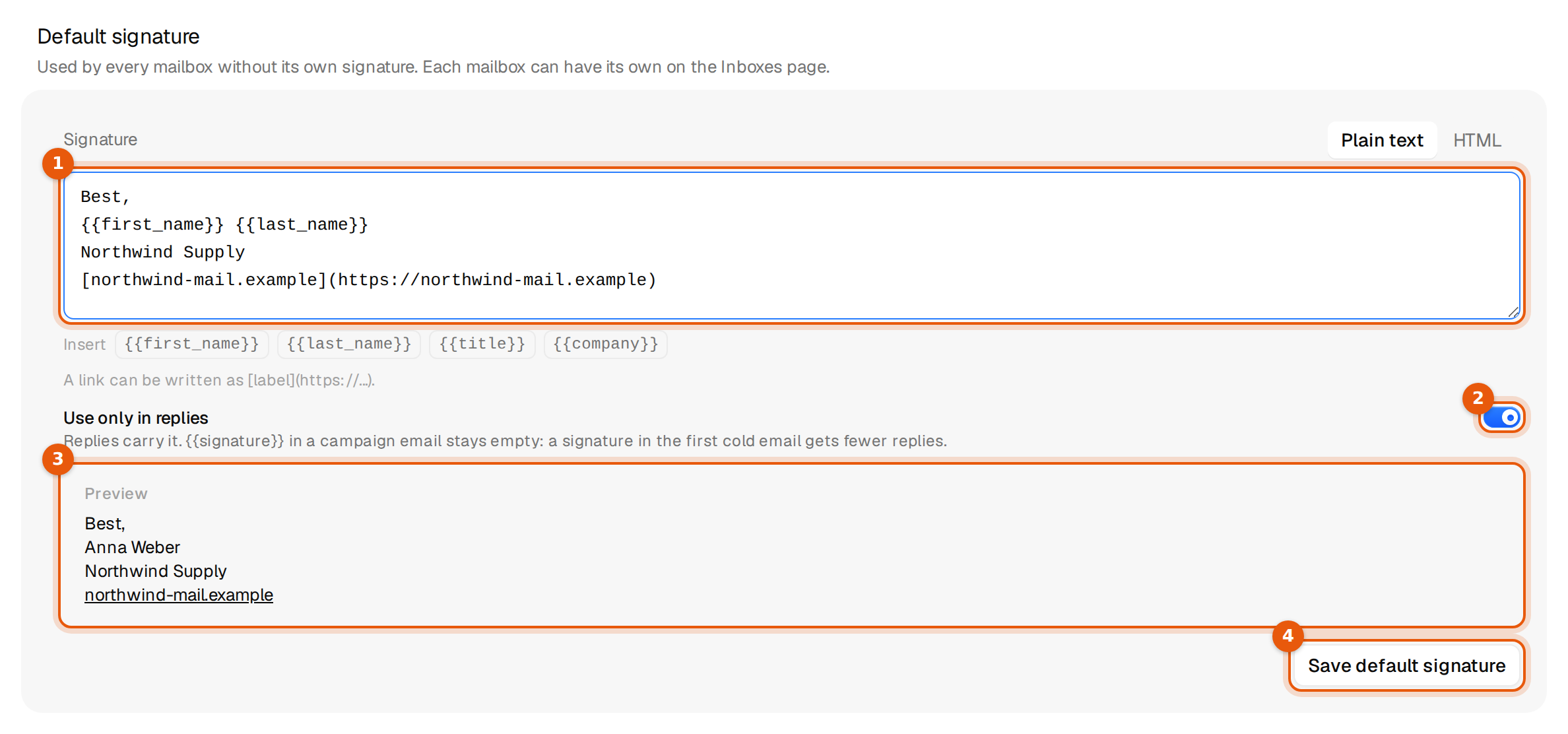Settings, Mailboxes with the Default signature text, the Use only in replies switch, the preview and Save default signature