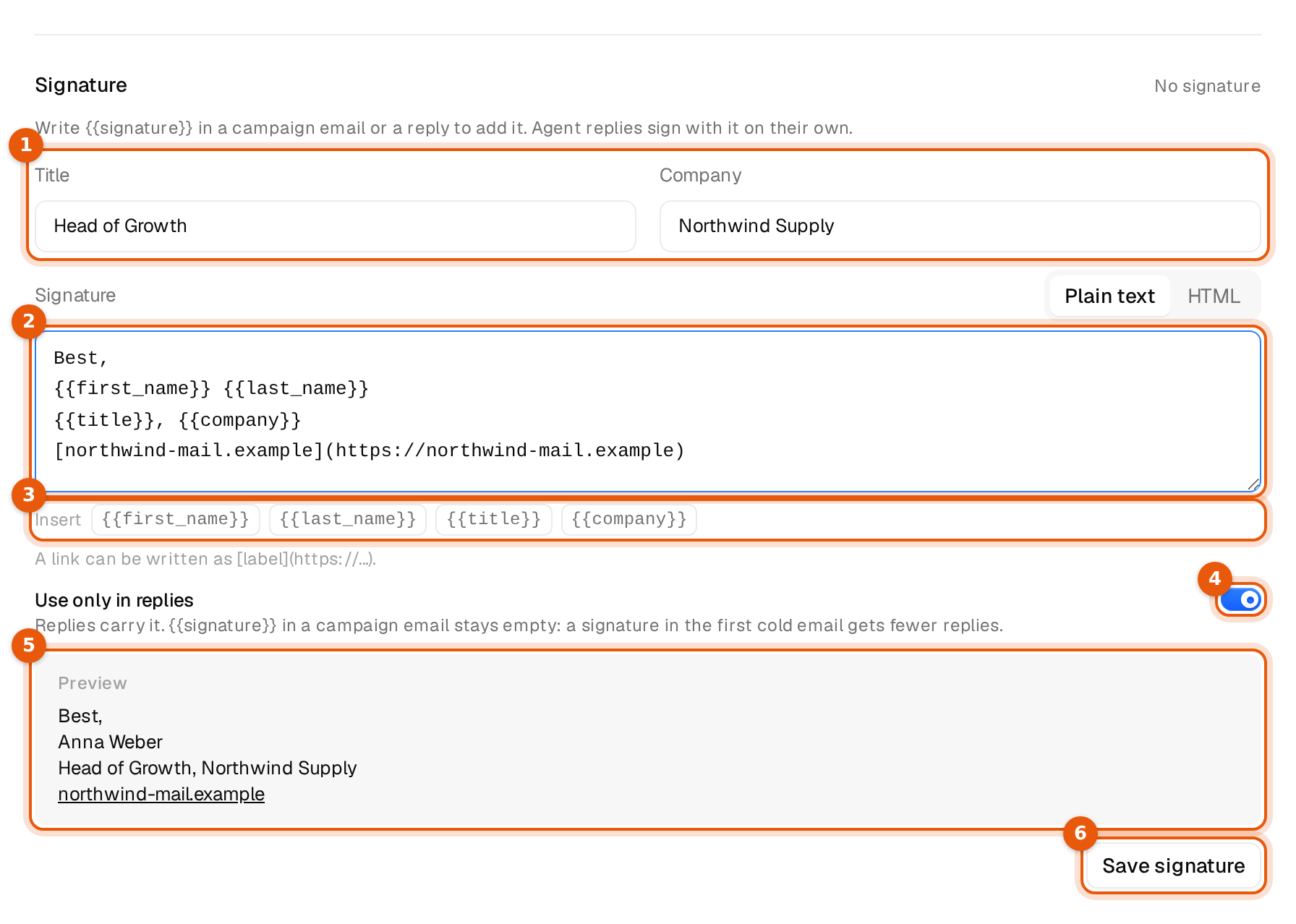 The Signature part of Edit sender with Title, Company, the signature text, the variable buttons, the Use only in replies switch, the preview and Save signature