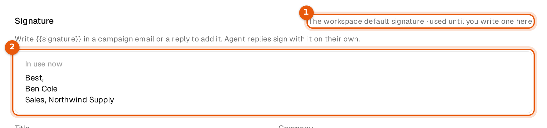 Edit sender for a mailbox without its own signature, showing The workspace default signature and the In use now box
