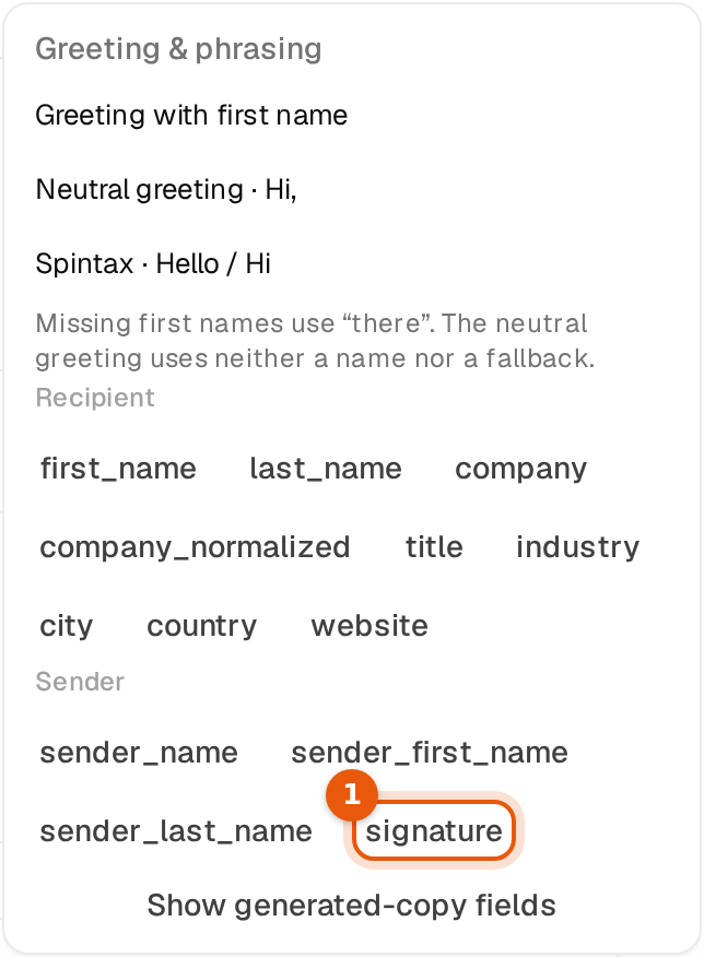 The Insert menu of the email editor with signature marked under Sender
