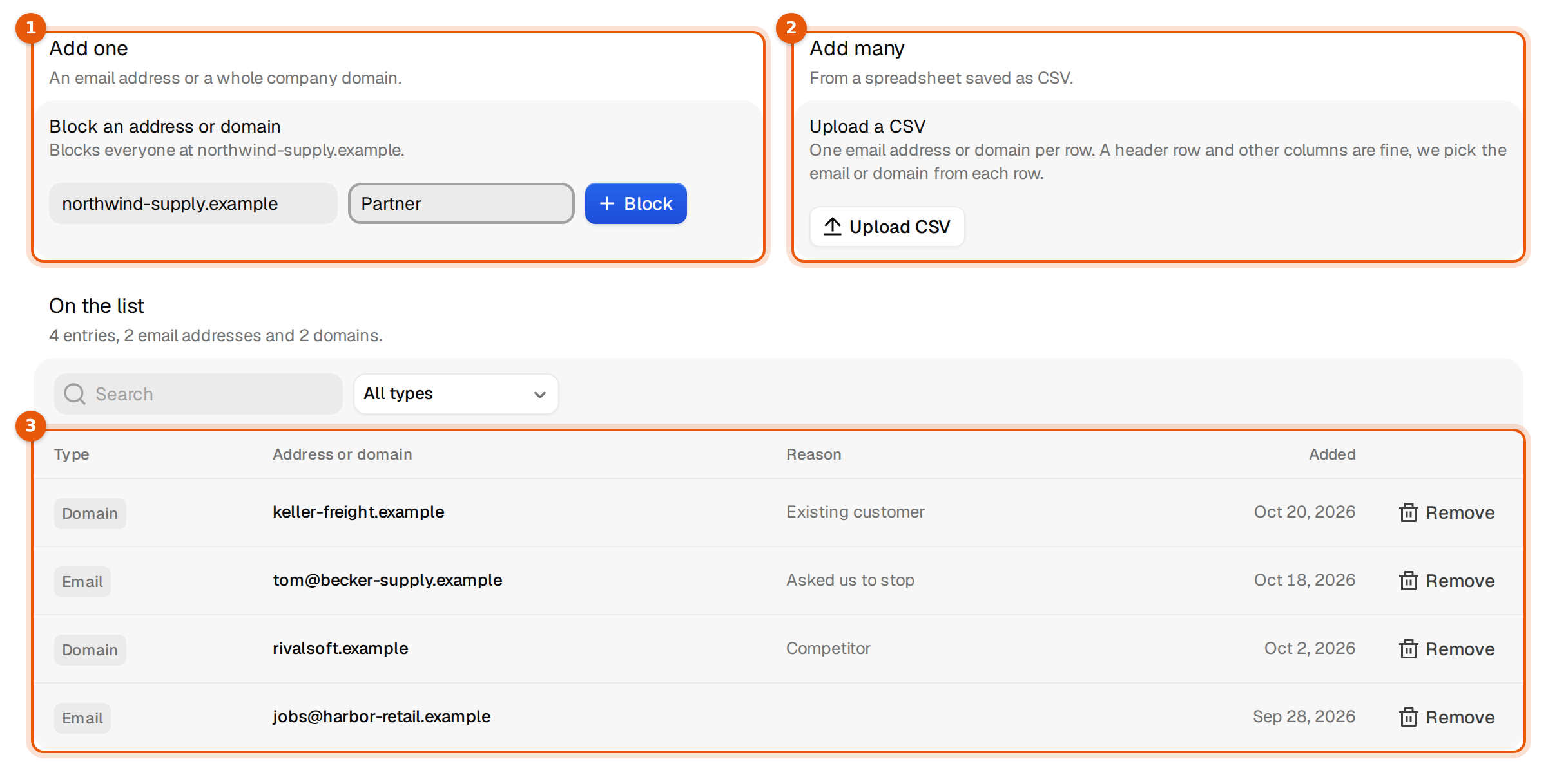Settings, Block list with Add one, Add many and the On the list table