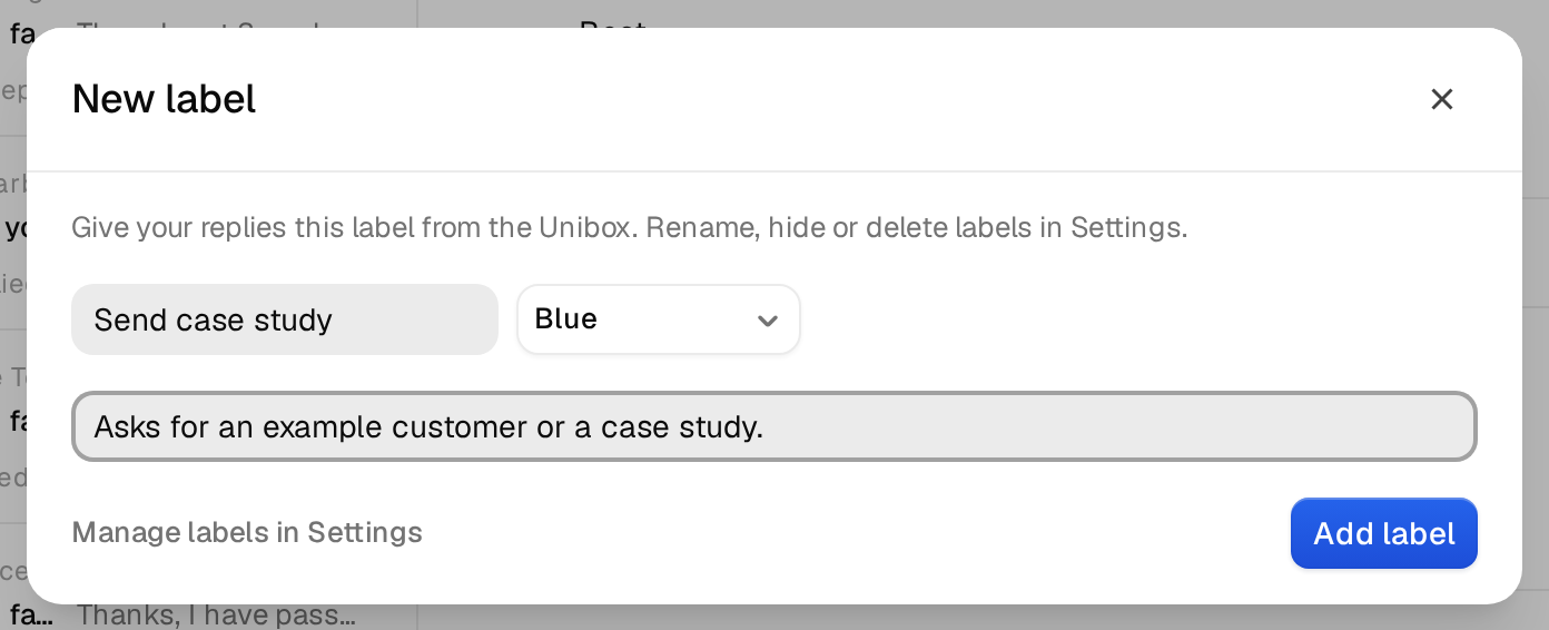 The New label window in the Unibox with name, color and description