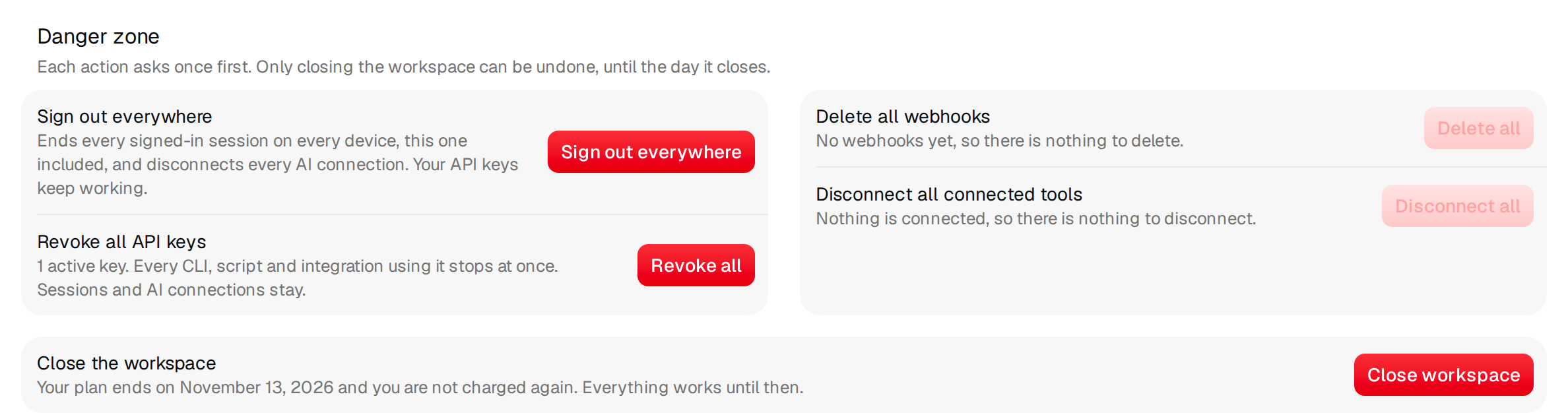 The danger zone with Sign out everywhere, Revoke all API keys, Delete all webhooks, Disconnect all connected tools and Close the workspace