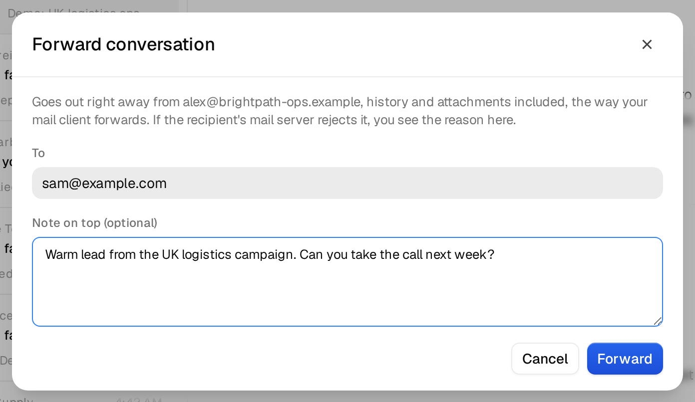 The Forward conversation window with To and Note on top filled in
