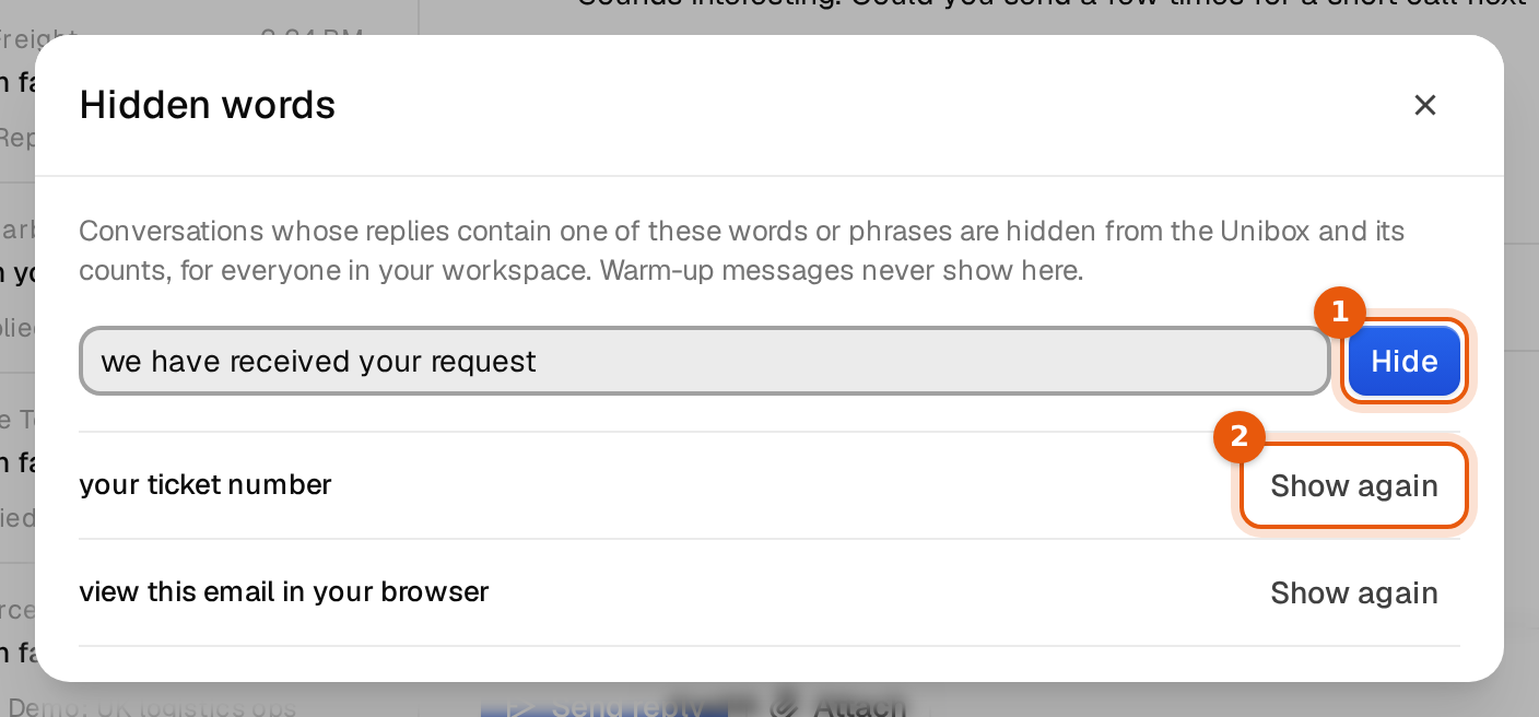 The Hidden words window with the input field, the Hide button and two hidden phrases with Show again