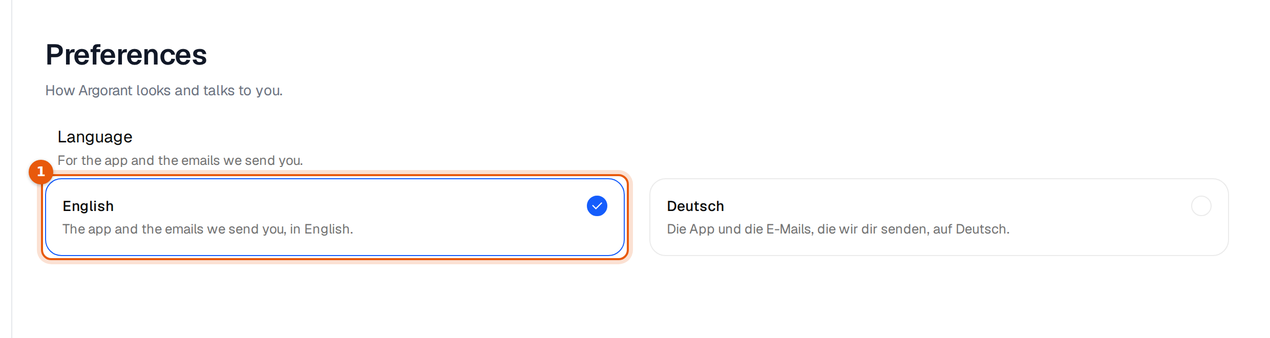 Preferences with the two language cards English and Deutsch