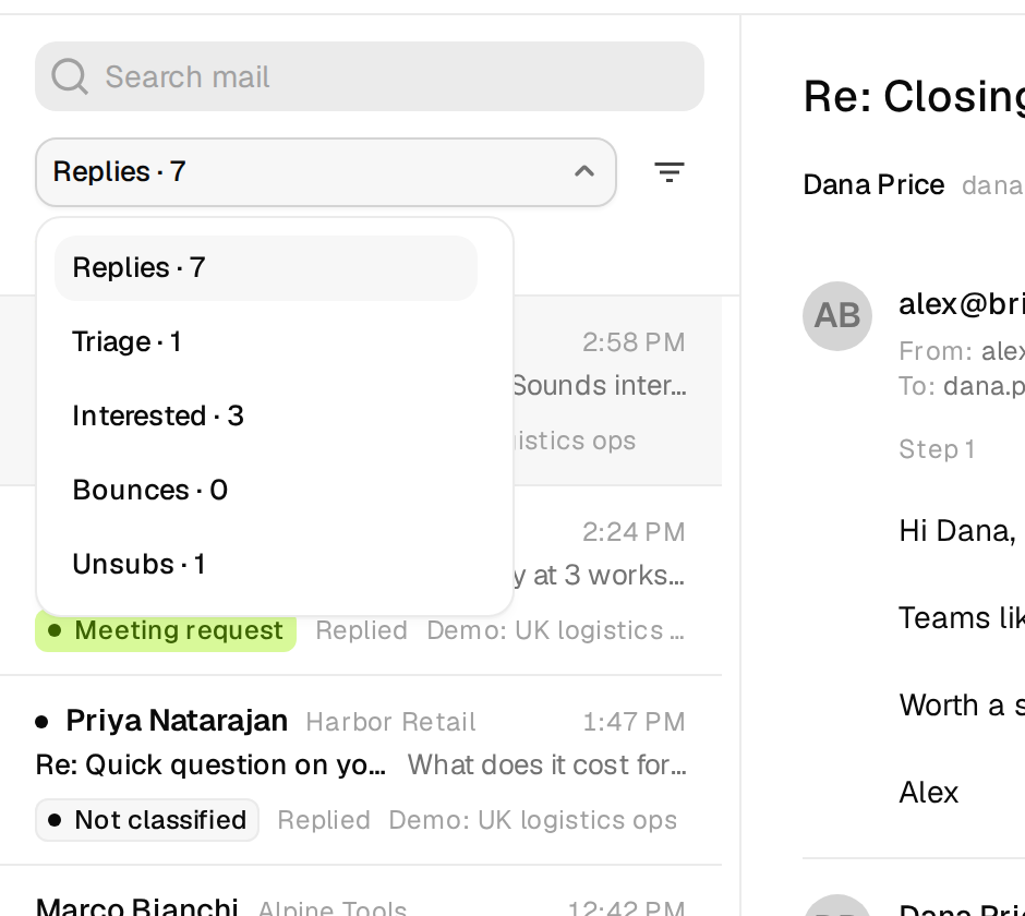 The open folder menu with Replies, Triage, Interested, Bounces and Unsubs and their counts
