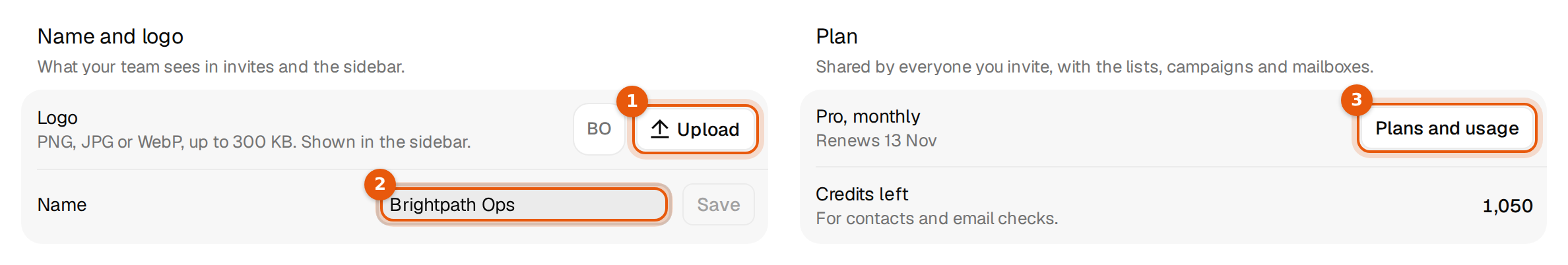 Name and logo with Upload and the name field, and the Plan card with Plans and usage