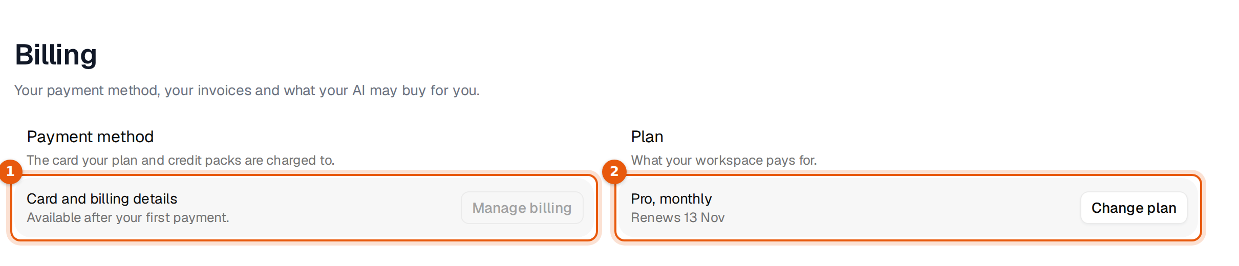Settings, Billing with the payment method and the plan marked