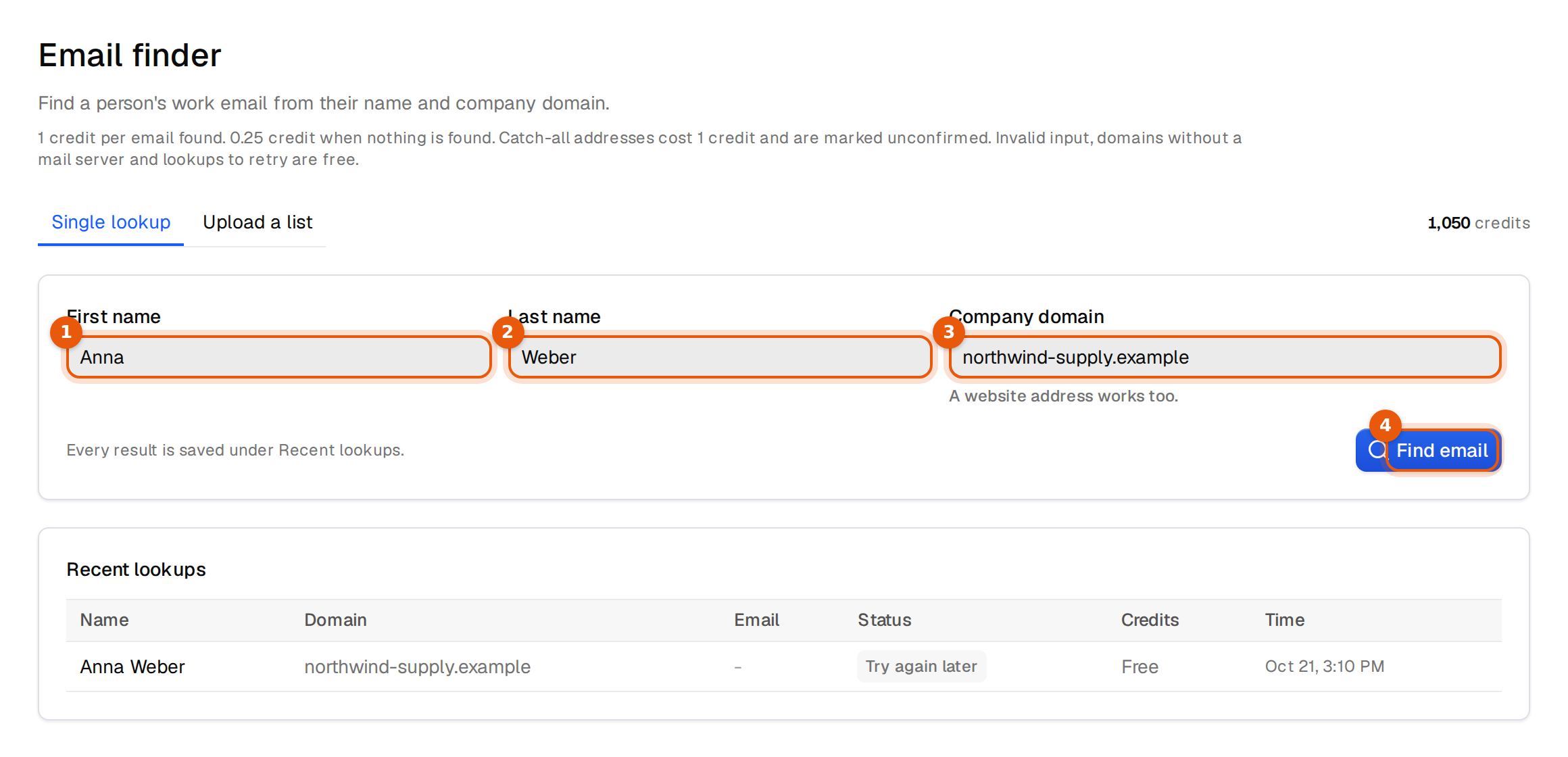 The Single lookup form with first name, last name, company domain and Find email marked