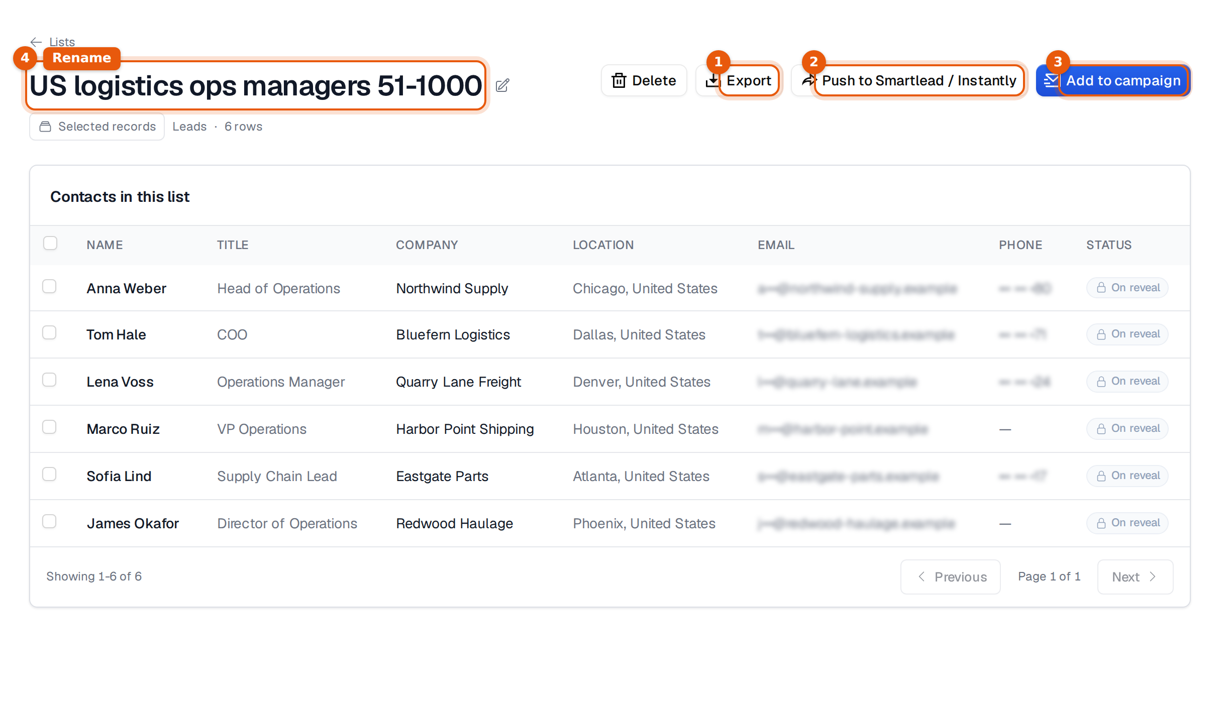 An open list with Export, Push to Smartlead / Instantly, Add to campaign and the name marked