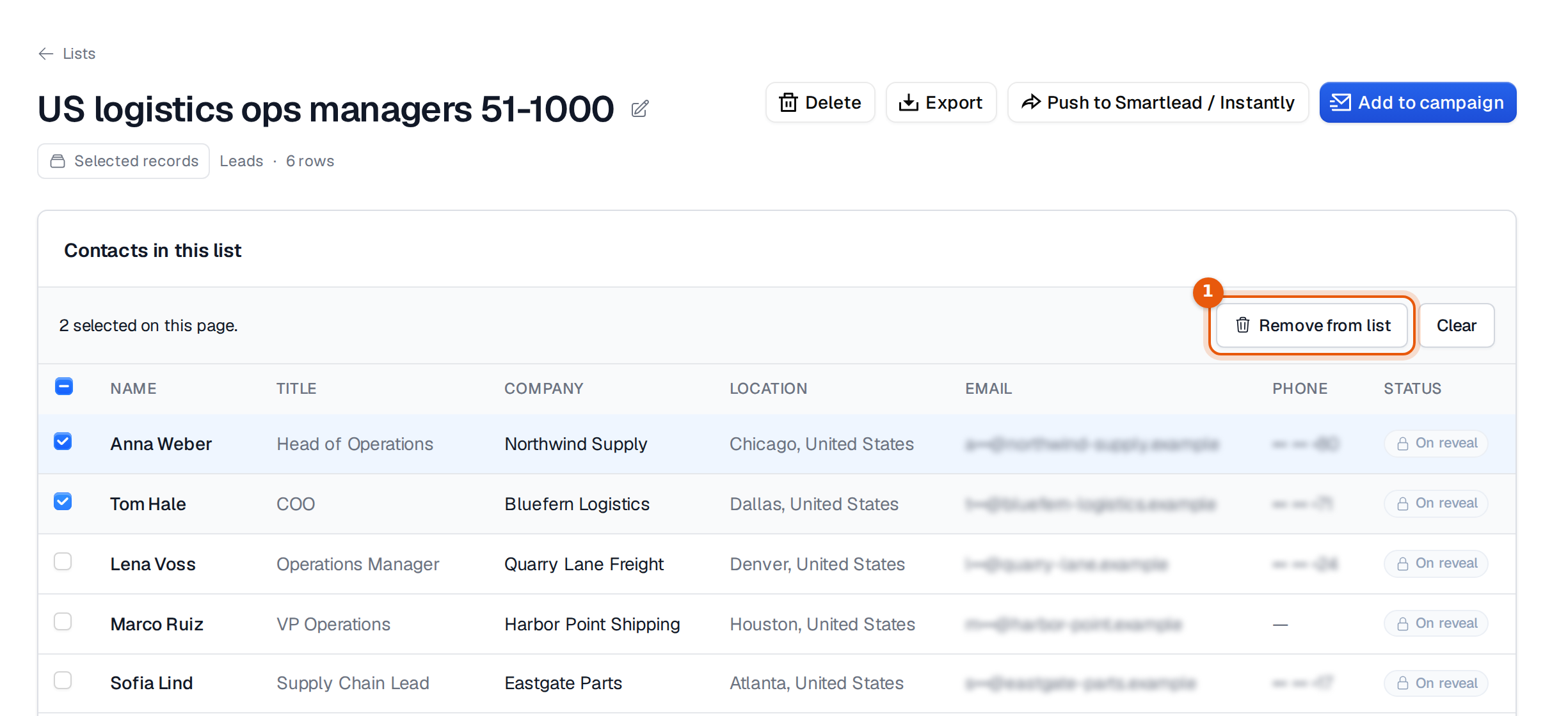 Two rows selected with the Remove from list button marked