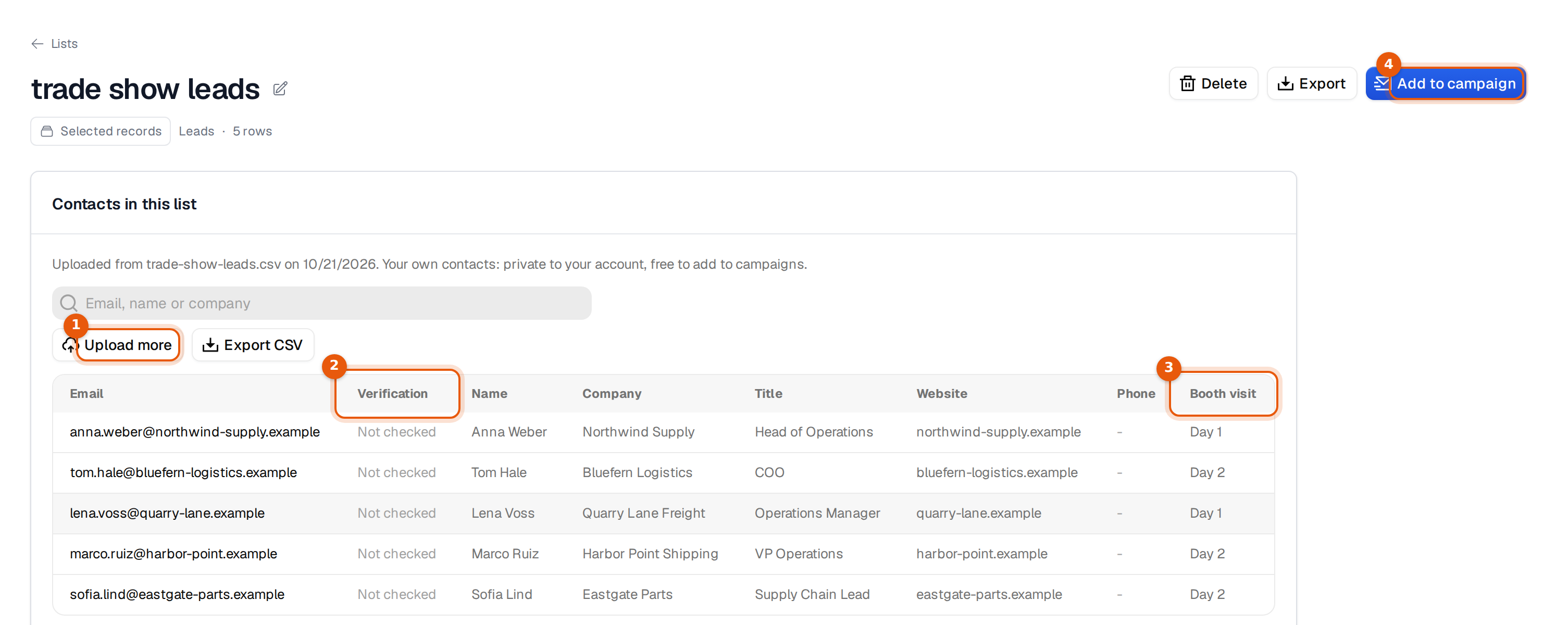 An uploaded list with Upload more, the Not checked column, a custom field column and Add to campaign marked