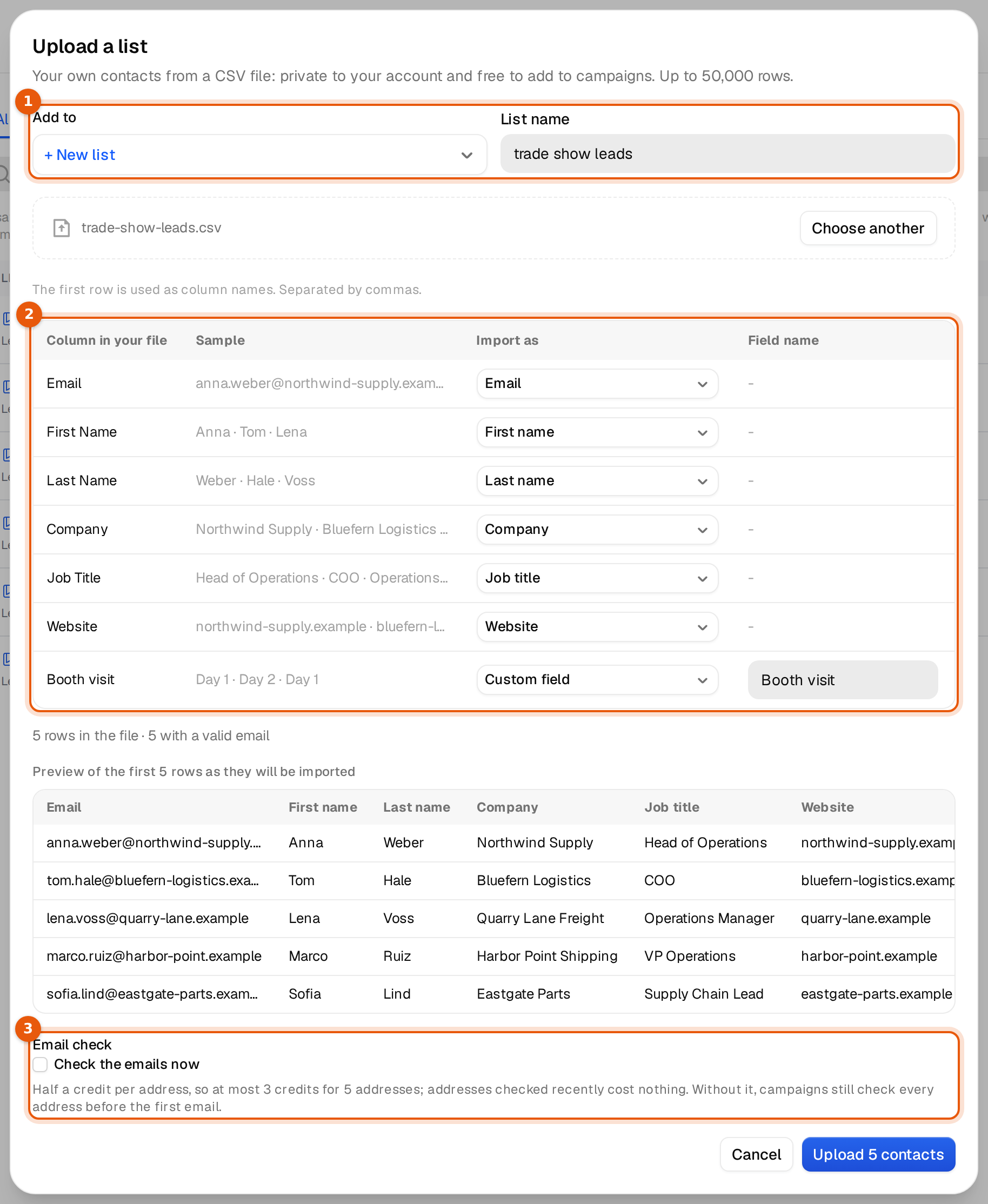 The Upload a list dialog with the list choice, the mapping table and the email check marked