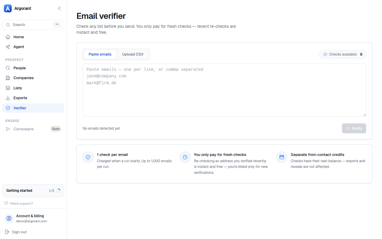 The /verify page with the paste and CSV options and the checks counter