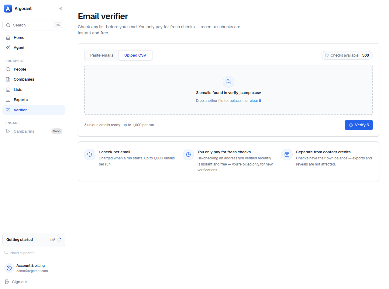 A CSV uploaded to the Verifier, with the detected email count and the checks balance