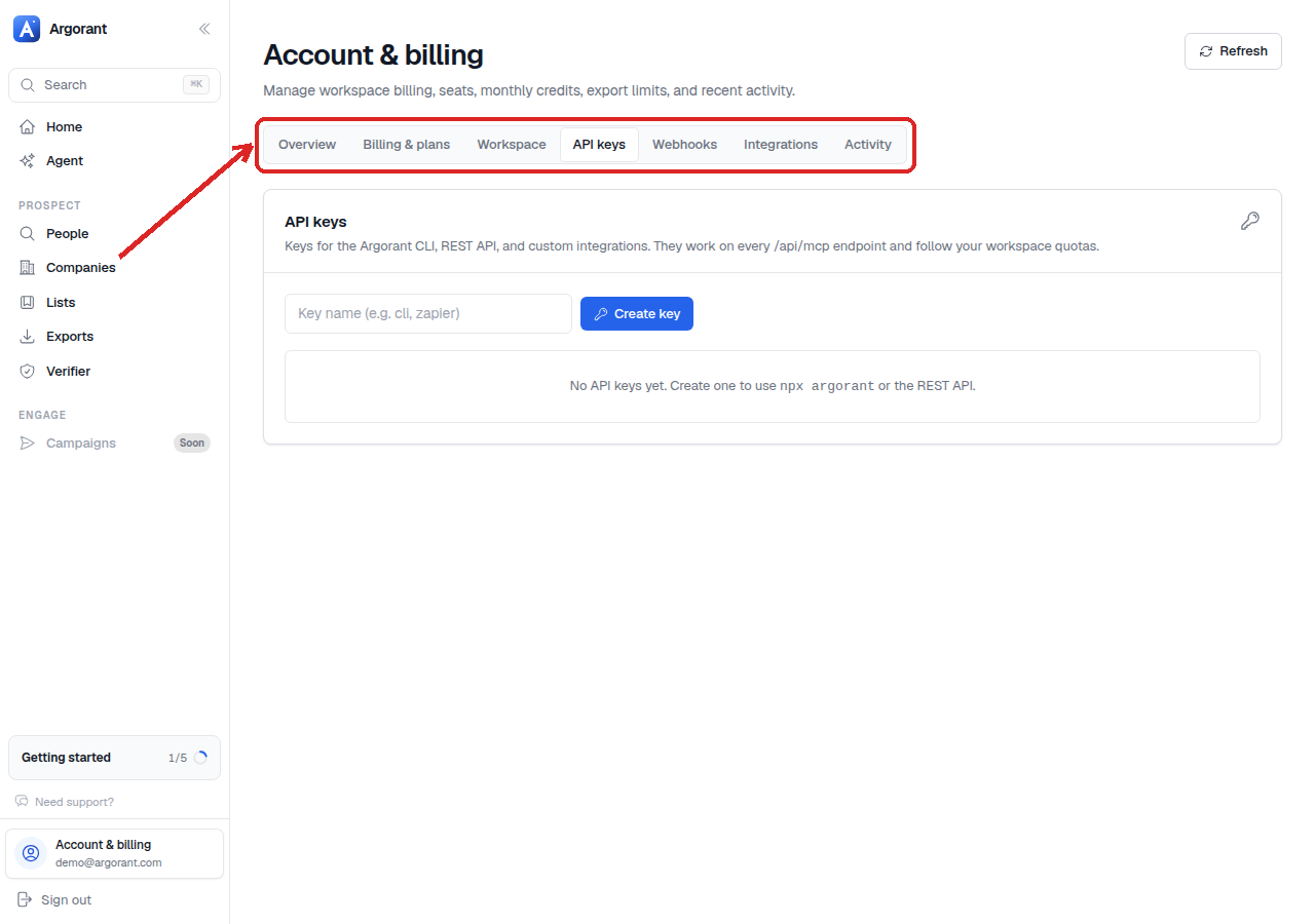 The Profile page with the API keys tab and the Billing tab visible